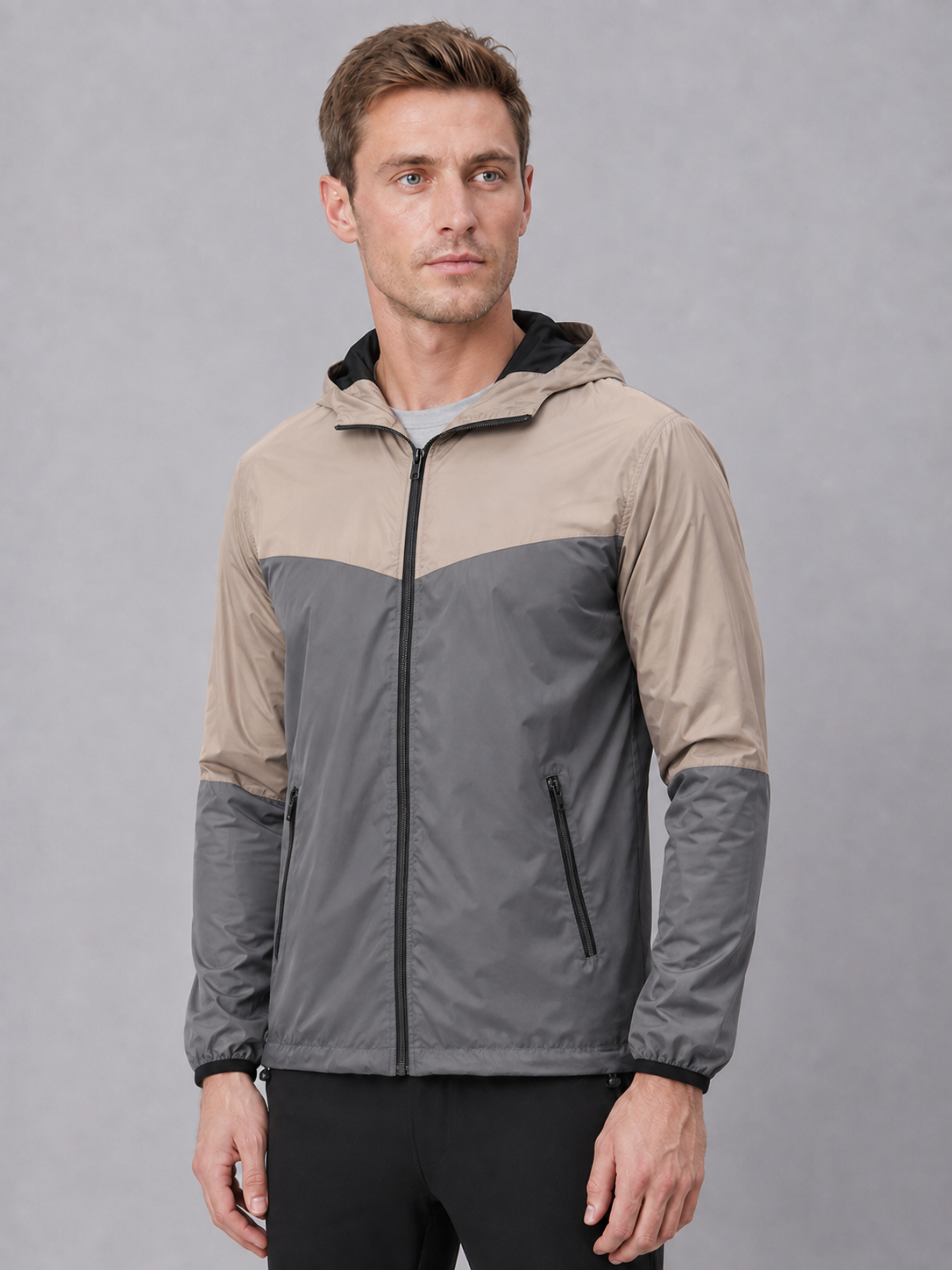 Men’s Equestrian Lightweight Hooded Shell Jacket – Stone & Charcoal - Image 3