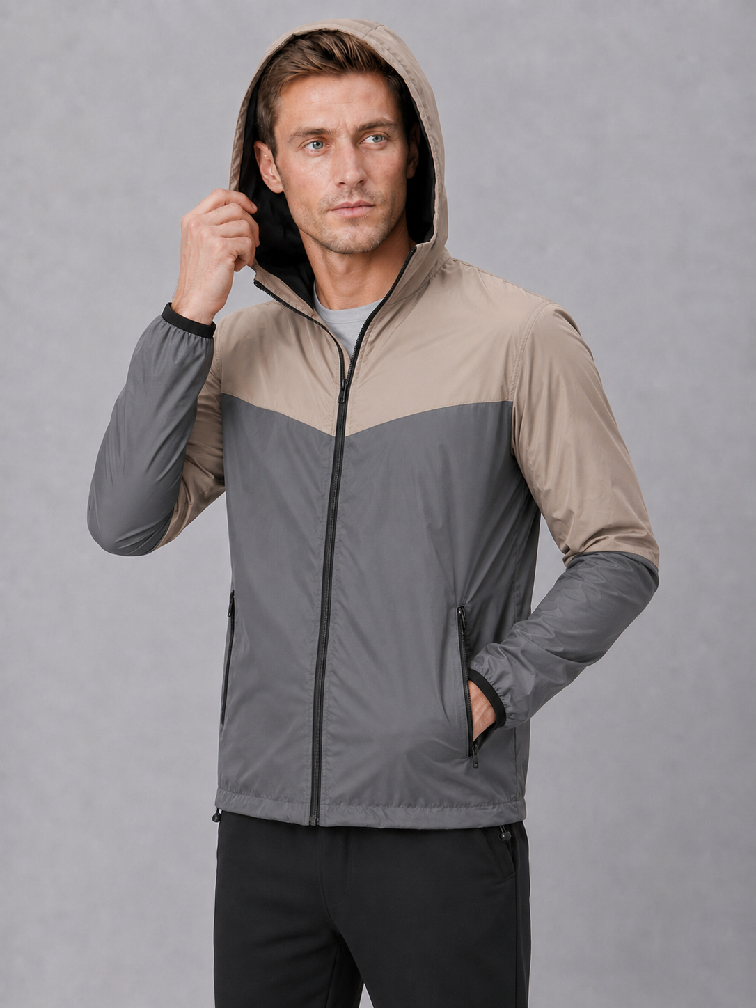 Men’s Equestrian Lightweight Hooded Shell Jacket – Stone & Charcoal