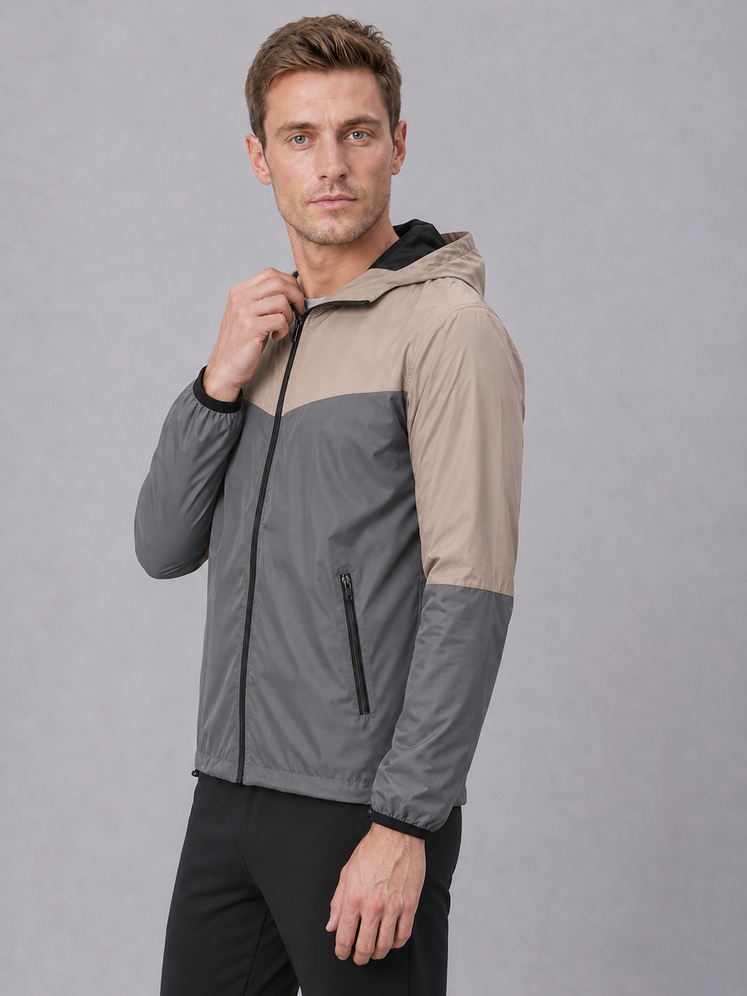 Men’s Equestrian Lightweight Hooded Shell Jacket – Stone & Charcoal - Image 2