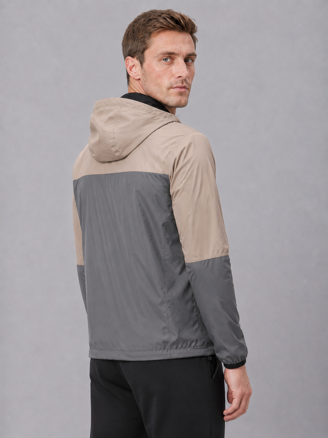 Men’s Equestrian Lightweight Hooded Shell Jacket – Stone & Charcoal - Image 4